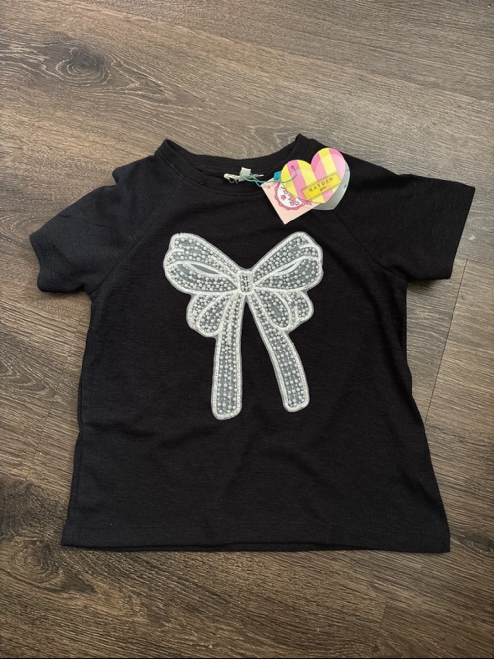 NWT Hayden Girls Black Short Sleeve Tee with Pearl Bow Applique